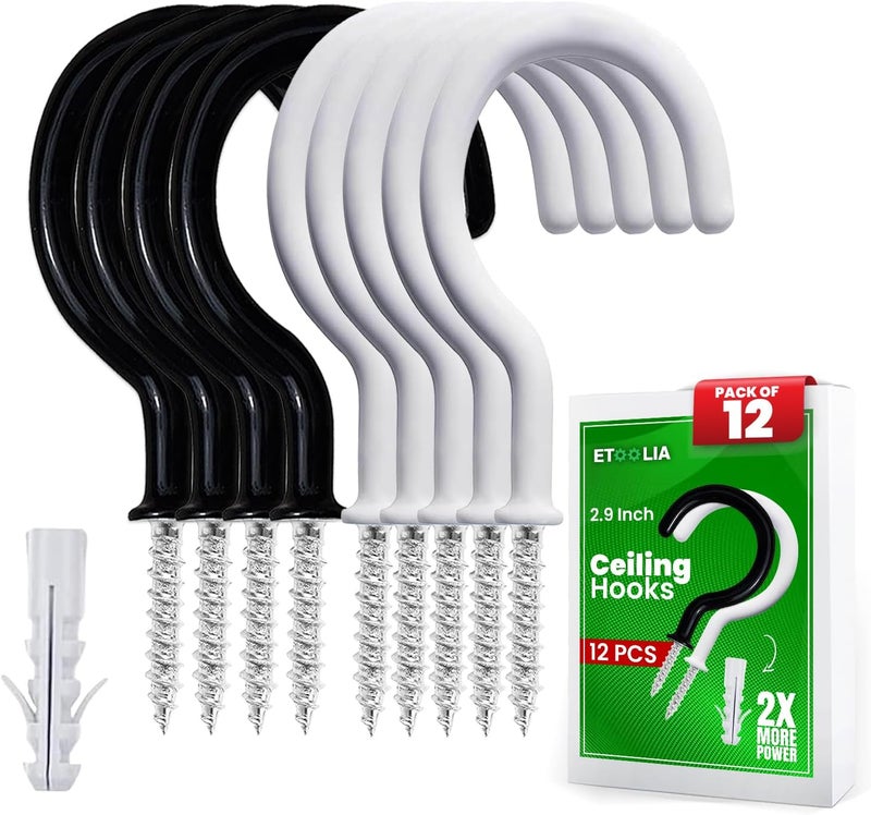 Etoolia 12 Pcs Ceiling Hooks for Hanging Plants - 2.9 inches Heavy Duty, Hanging for Christmas Lights, Cups, Decors - White Vinyl Coated Screw in Plant Hanger Hook Indoor and Outdoor - Image 1
